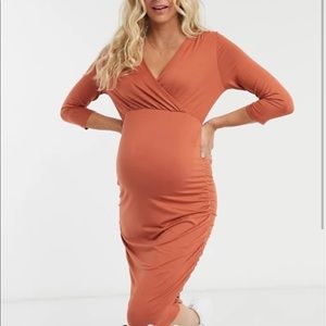 Maternity Wrap Front Dress in Orange-Brown